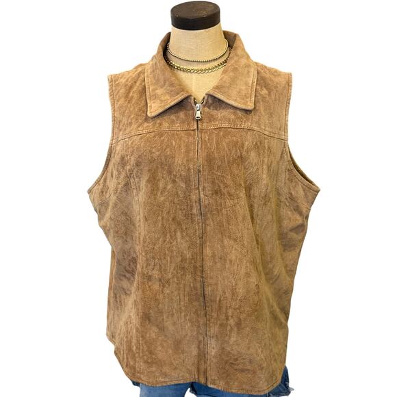 ST. JOHN"S BAY Suede Vest Top Jacket Brown Tan Zip Women size 18 Vintage - Picture 1 of 9